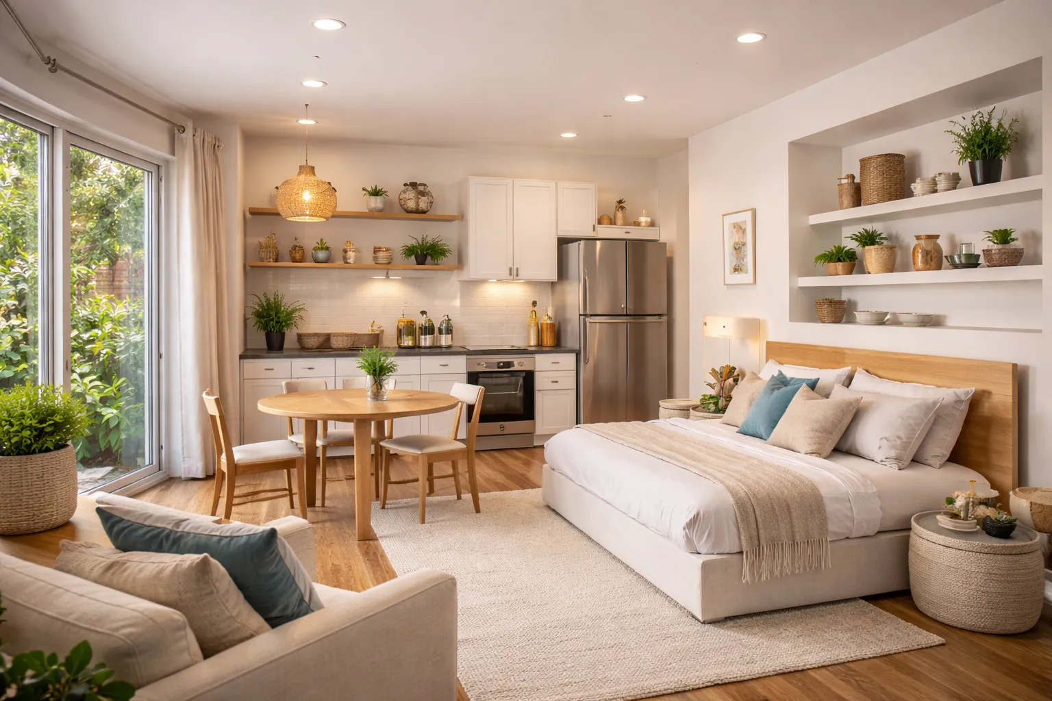 Interior of a modern ADU studio apartment designed for rental income with kitchenette and living area.